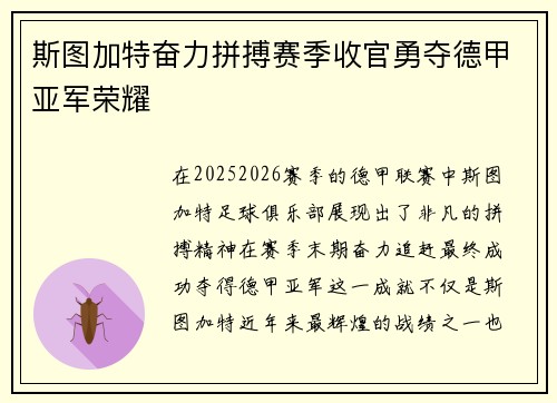 斯图加特奋力拼搏赛季收官勇夺德甲亚军荣耀 斯图加特奋力拼搏赛季收官勇夺德甲亚军荣耀