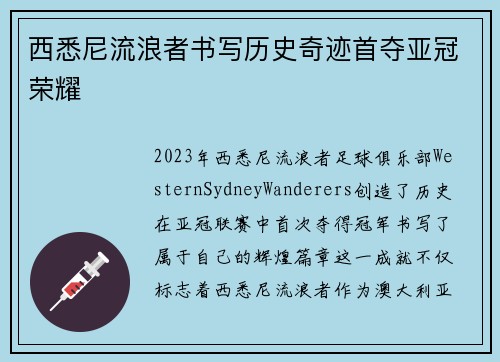 西悉尼流浪者书写历史奇迹首夺亚冠荣耀